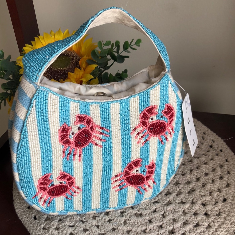 Blue & White Striped Beaded Crab Handbag